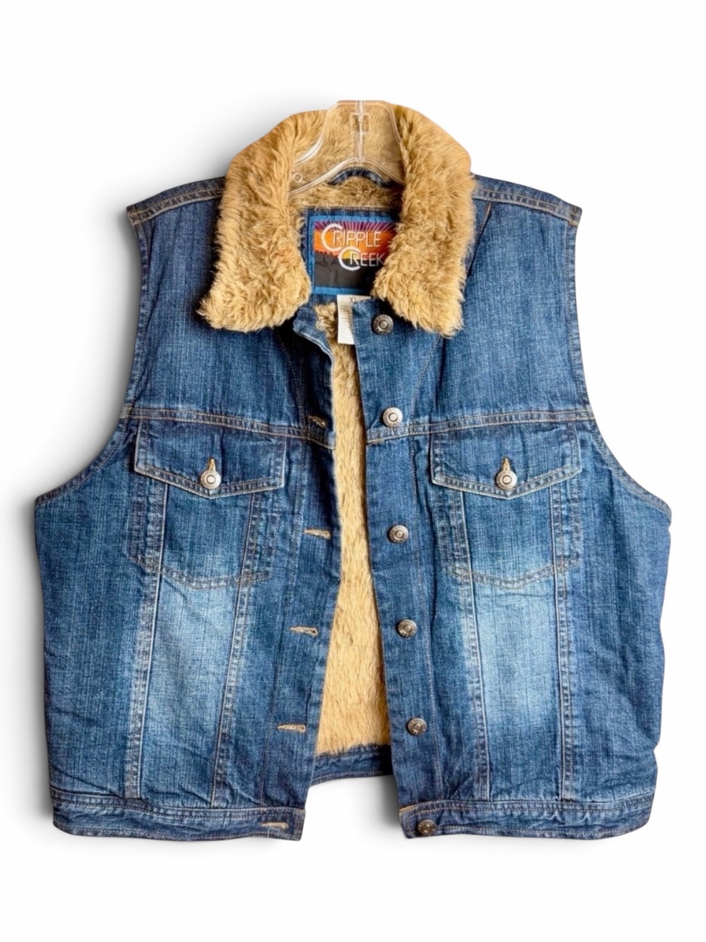 Cripple Creek Sherpa Lined Denim Vest Faux Fur Collar Blue Womens XL